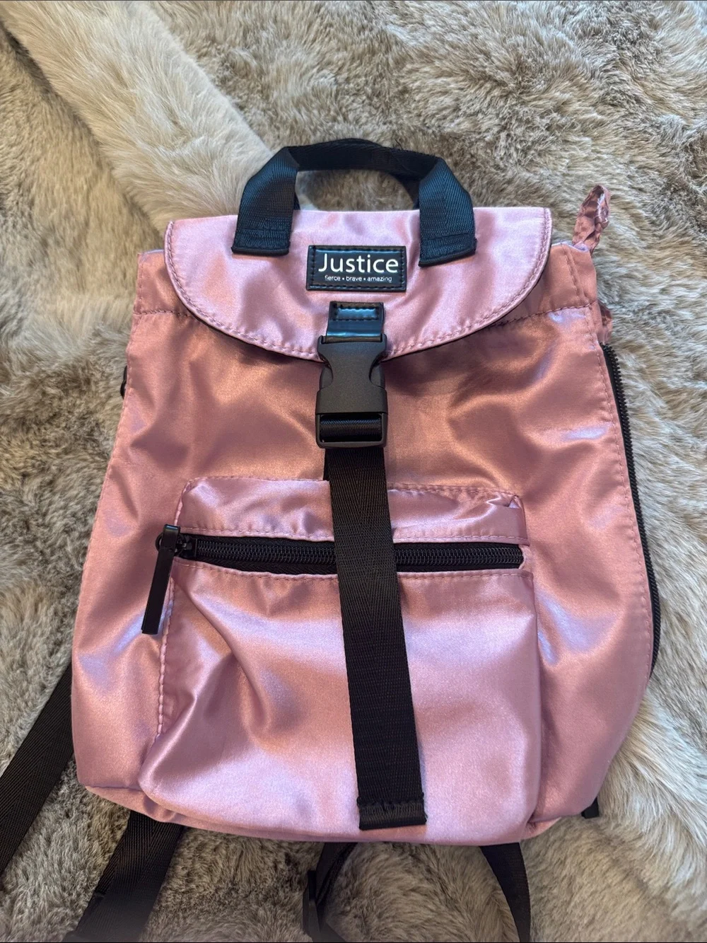 Justice Girls Light Pink Satin Mini Backpack with Black Trim